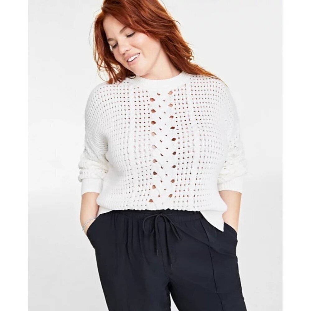On 34th Womens Plus Size 2X Crewneck Cotton-Blend Open Knit Sweater $59 113